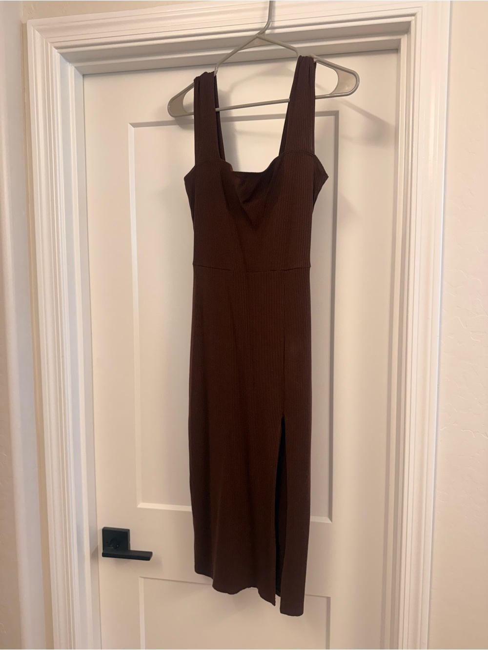 Reformation Chocolate Brown Ribbed Midi Dress with Front Slit